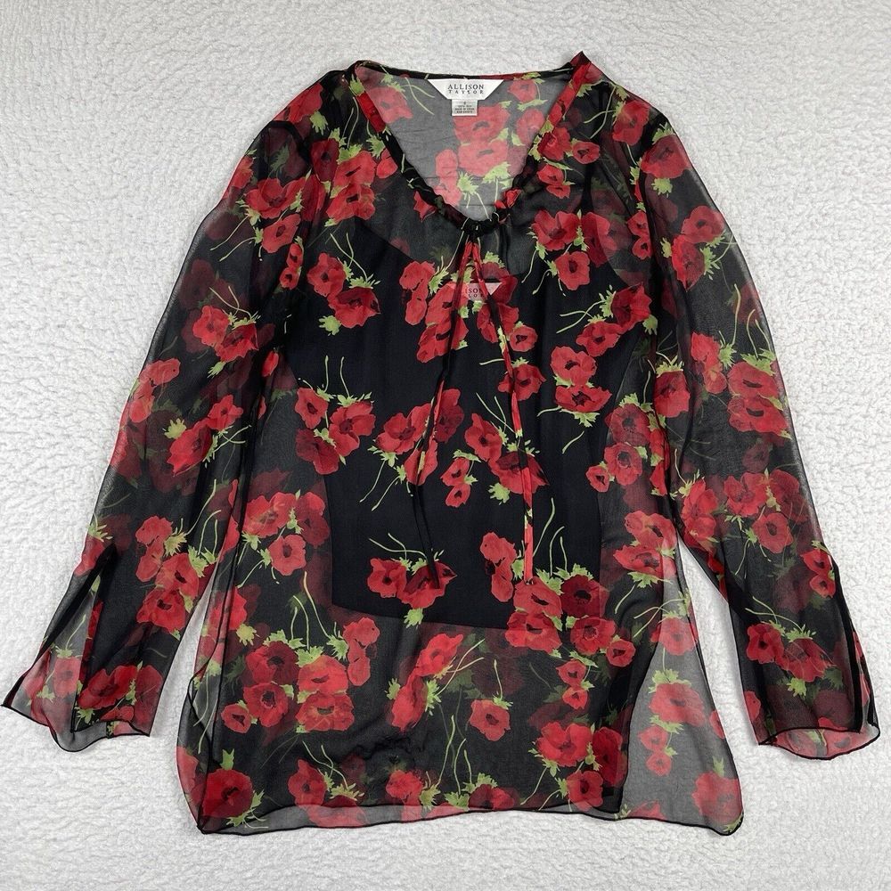 Allison Taylor Silk Floral Blouse Women Small Black Red Poppy Sheer Tie Neck Top
